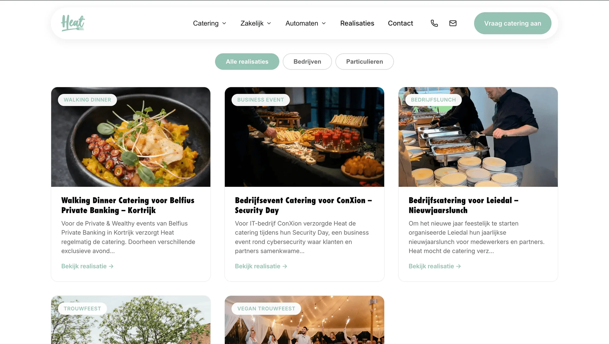 Overzicht van realisaties op de Heat-website, te filteren op bedrijven en particulieren